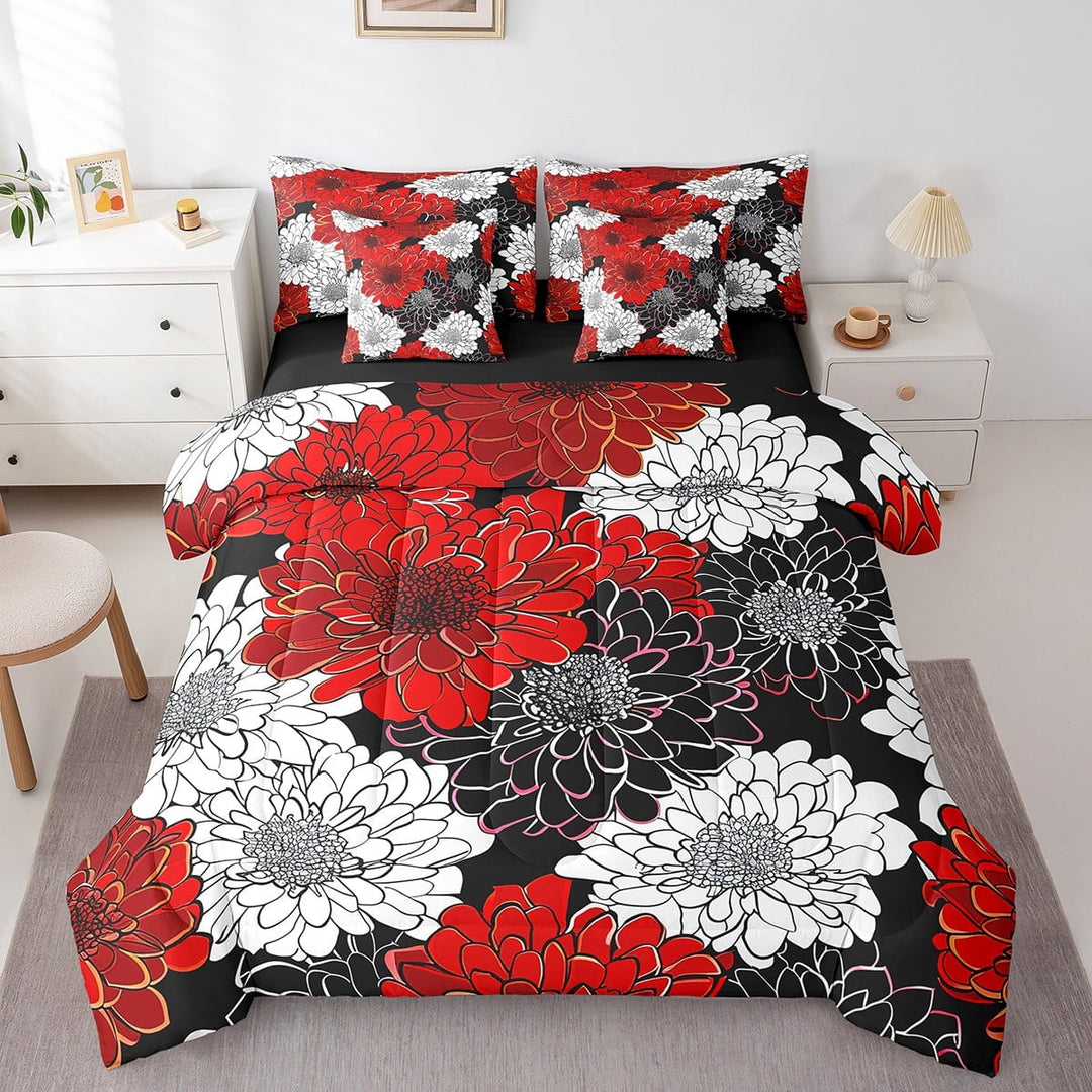 Aztec Dahlia Bed in a Bag 7 Piece,Lotus Flower Bedding Sets White Red Black Floral Queen Size Sheet Sets with Comforter,1 Flat Sheet,1 Fitted Sheet,2 Pillowcases,2 Throw Pillow Covers