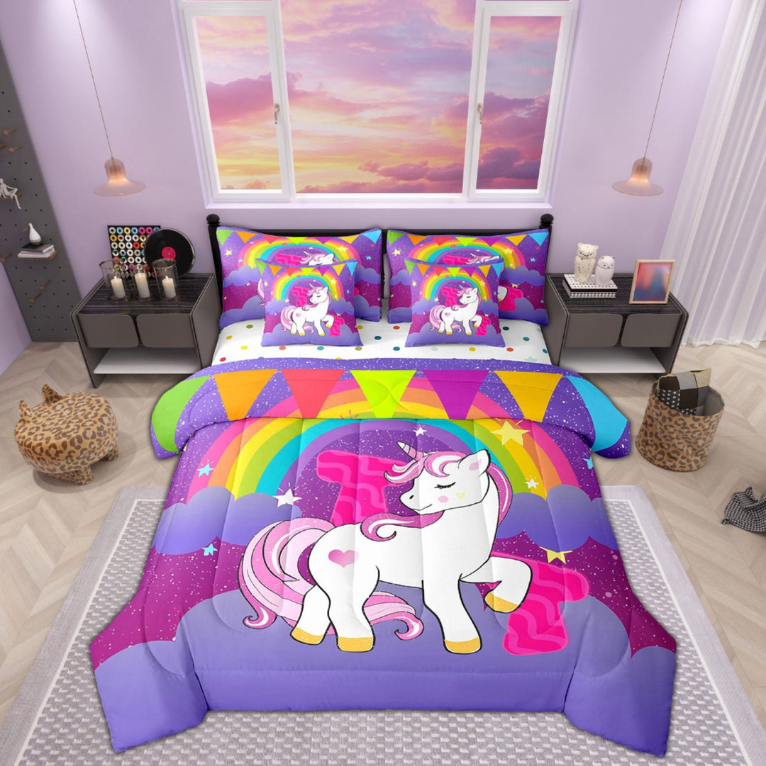 Manfei Initial Letter T Bedding Sets Twin Size, Pink Monogrammed Comforter Sets with Sheets, Cartoon Unicorn Reversible Bedding Twin Size, Breathable Room Decorative, 7pcs