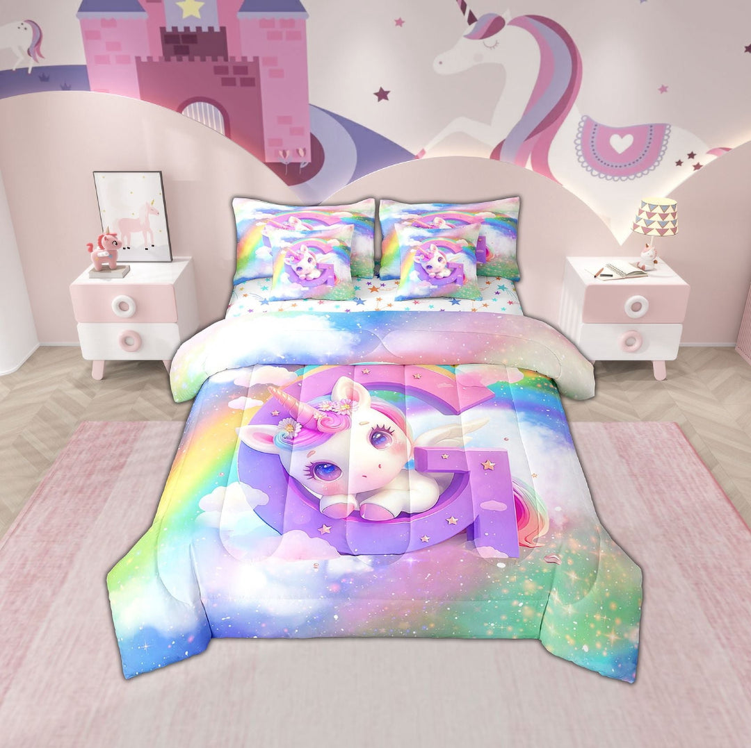 Erosebridal Initial G Letter Bedding Sets Twin Size, Floral Unicorn Comforter Sets with Sheets, Raibow Print Reversible Bedding Twin Size, Ultra Soft Room Decorative, 7pcs