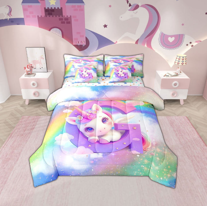 Erosebridal Initial G Letter Bedding Sets Twin Size, Floral Unicorn Comforter Sets with Sheets, Raibow Print Reversible Bedding Twin Size, Ultra Soft Room Decorative, 7pcs