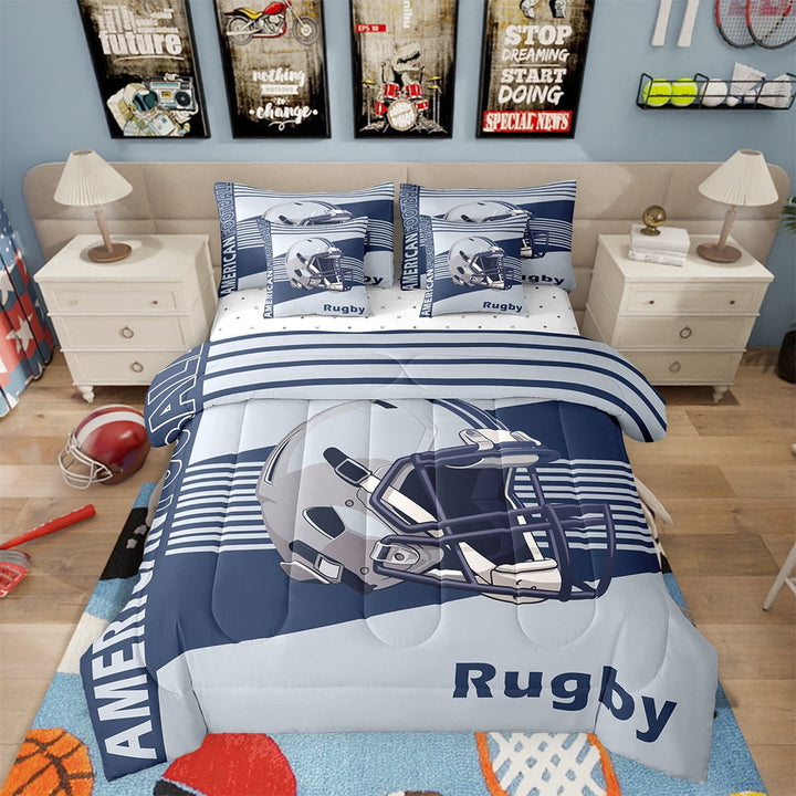 Erosebridal Football Theme 7 Piece Bedding Set Twin Size Rugby Game Comforter Set with Sheets Teens Sport Helmet Bed in a Bag Navy Blue and Grey Bed Set