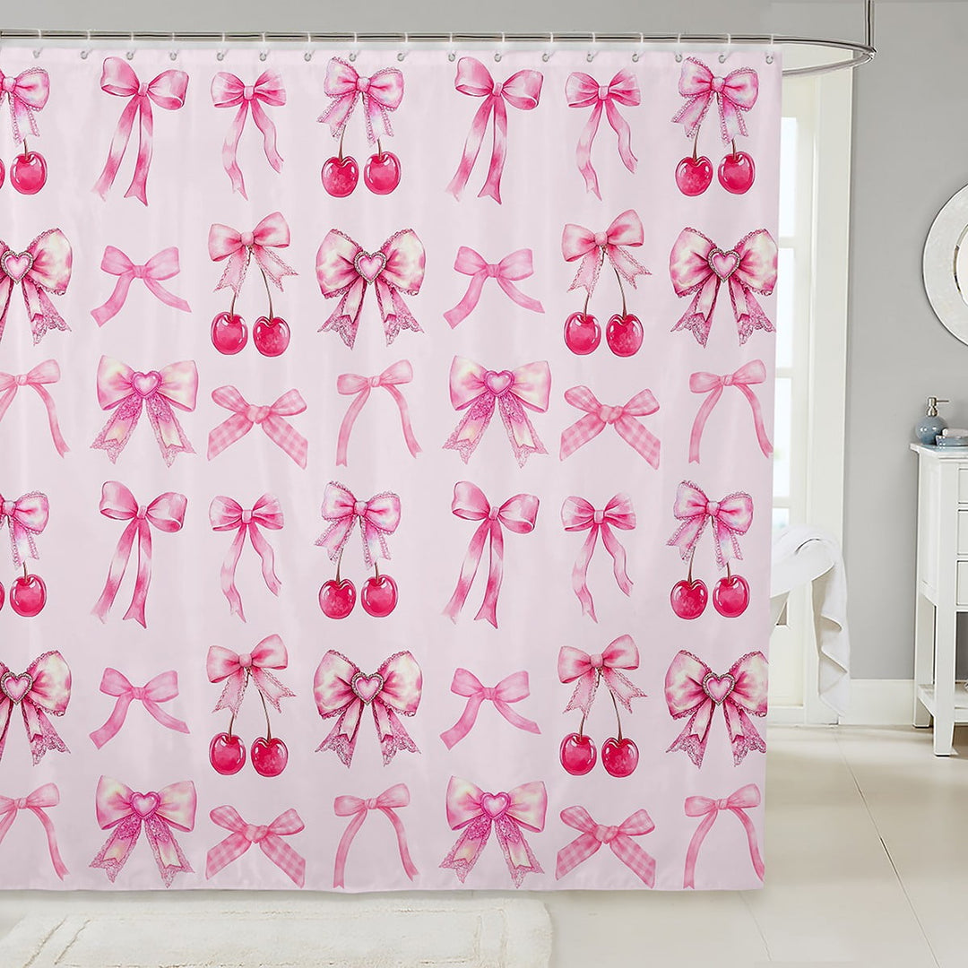 Pink Cherry Bow Fabric&amp;nbsp;Shower&amp;nbsp;Curtain Cute Silk Ribbon Bowknot Bath&amp;nbsp;Curtain 72"Wx72"L,Princess Bow Tie Dreamy Kawaii Bathroom&amp;nbsp;Accessories,Girly Light Pink Room Decor Aesthetic
