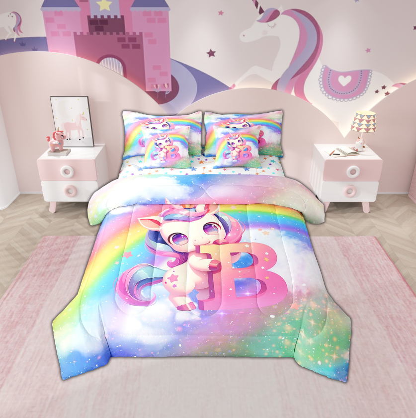 Erosebridal Monogrammed B Bed in a Bag Twin size, Kawaii Unicorn Bed Set, Cartoon Rainbow Reversible Bedding Twin Size, Ultra Soft Bedroom Decoration, 7pcs