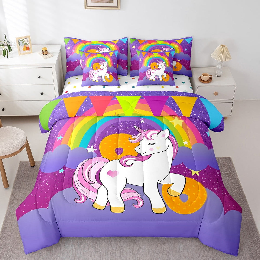 Erosebridal Dreamy Unicorn Bed in a Bag Twin size, Initial Letter O Bedding Sets Twin Size, Rainbow Reversible Comforter Sets with Sheets, Breathable Bedroom Decorative, 7-Piece