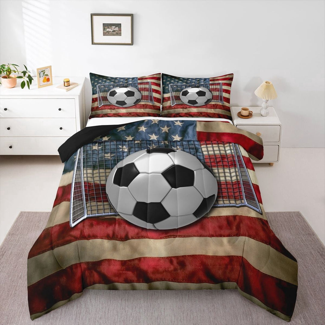 Erosebridal Teens Sport Soccer Gamer Full Size Comforter Sets 3 Pieces,Boys Abstract Ombre American Flag Bedding Sets,Black Reversible