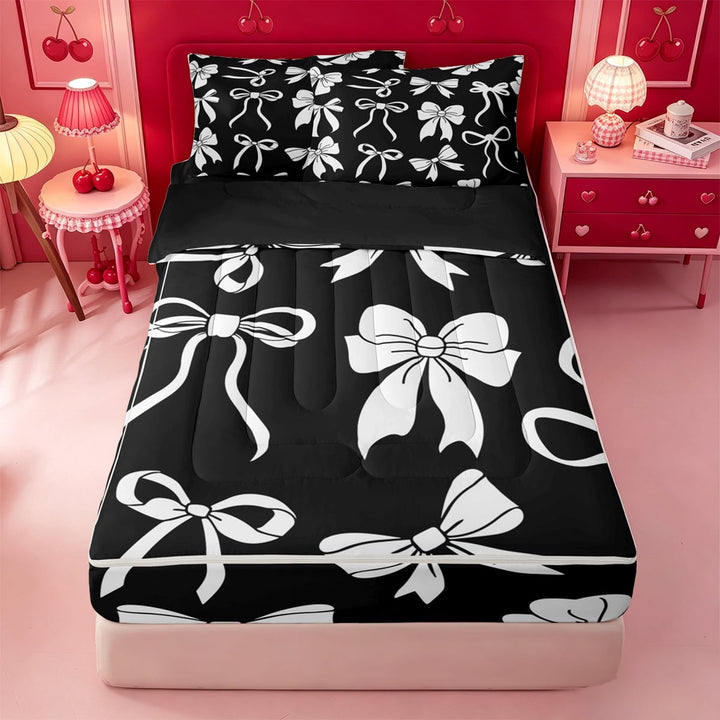 meiyoeat Cute Ribbon Bows Zipper Full Size Comforter Sets with Fitted Sheet and 2 Pillowcases For Girls,White Coquette Bowtie Zipper Bedding Set For Kids,Black Reversible,4 Pieces