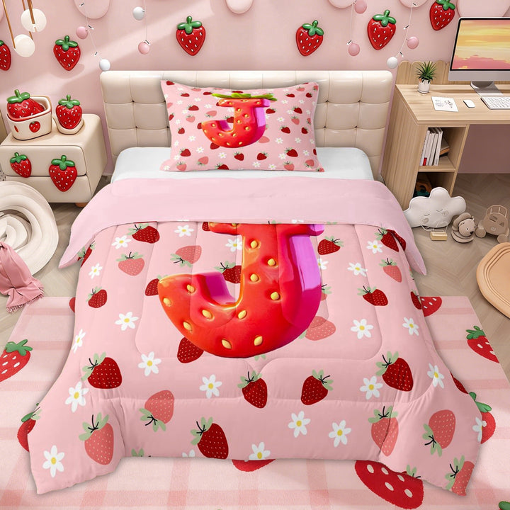 Erosebridal Princess Initial J Letter Twin Comforter Sets, Girls Strawberry Bedding Set for Kids, Pink Reversible, 2pcs