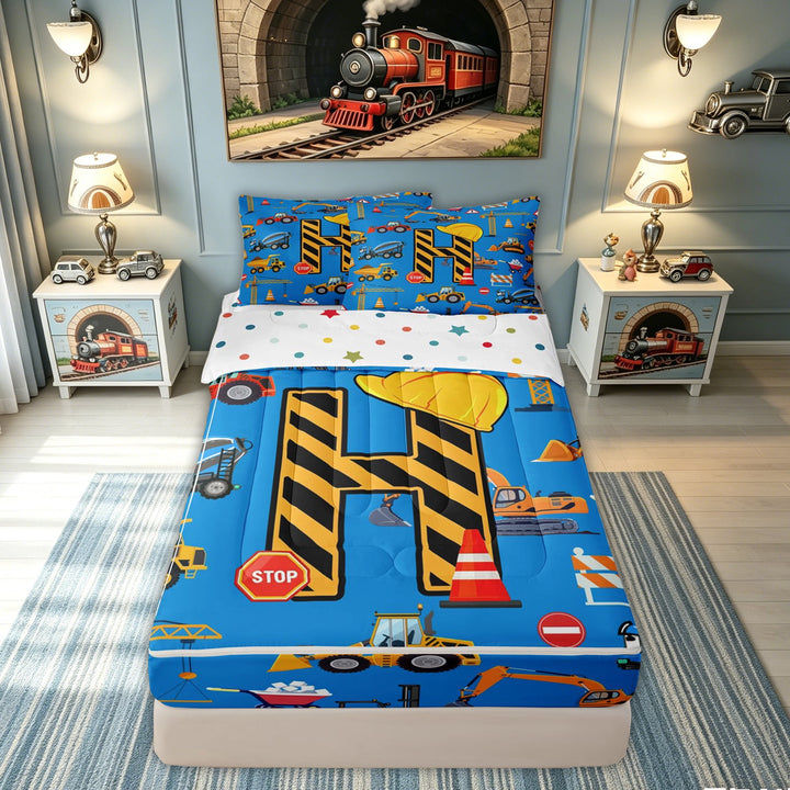meiyoeat Construction Letter Zipper Comforter Set with Fitted Sheet and 2 Pillowcases for Boys Girls, Blue Truck Vehicle Zipper Bedding Set, Polkadot Reversible, 3 Pieces