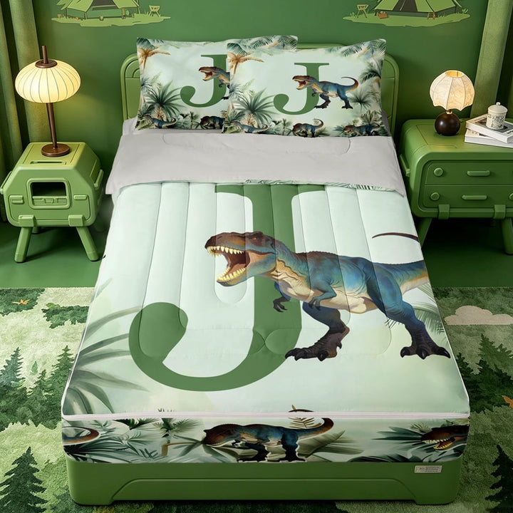 meiyoeat Dinosaur Initial J Zipper Twin Comforter Sets With Fitted Sheet And 2 Pillowcases,Initial Letter Art Zipper Bedding Set,Light Gray Reversible,4 Pieces