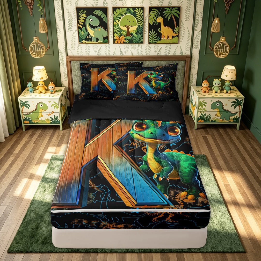meiyoeat Dinosaur K Initial Zipper Comforter Set with Fitted Sheet and 2 Pillowcases, Cartoon Animals Zipper Bedding Set for Boys Girls, Black Reversible, 3pcs