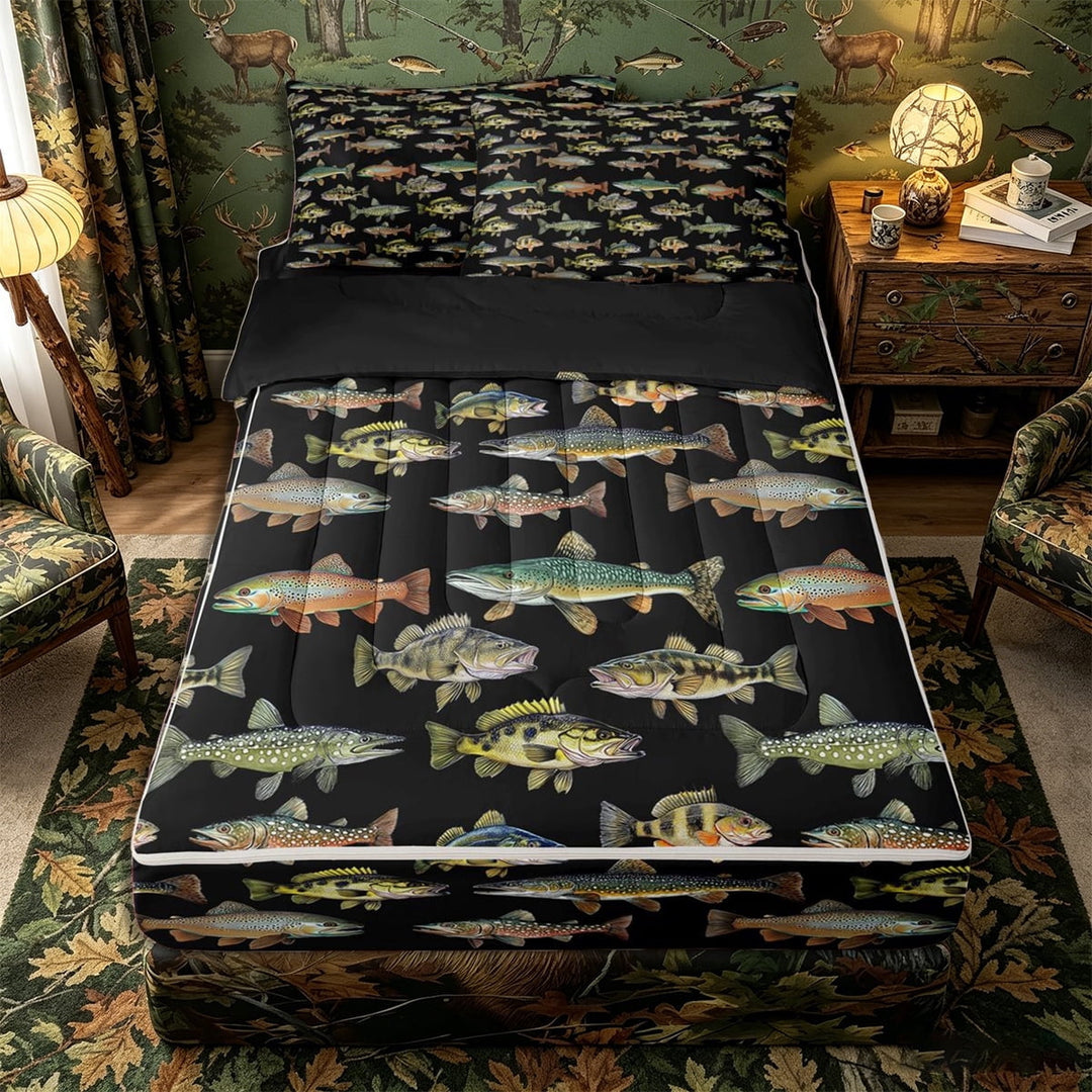 Meiyoeat Rustic Fish Print Zipper Twin Comforter Sets with Fitted Sheet and 2 Pillowcases, Freshwater Animal Pattern Zipper Bedding Set,4-Piece,Black Reversible