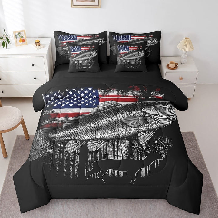Pike Fish Bed in a Bag Twin Size Fishing and Hunting Themed Bedding Sets 7 Piece for Adult American Flag Deer Comforter Set with Sheets Hunting Deer Bed Set Animal Sheets