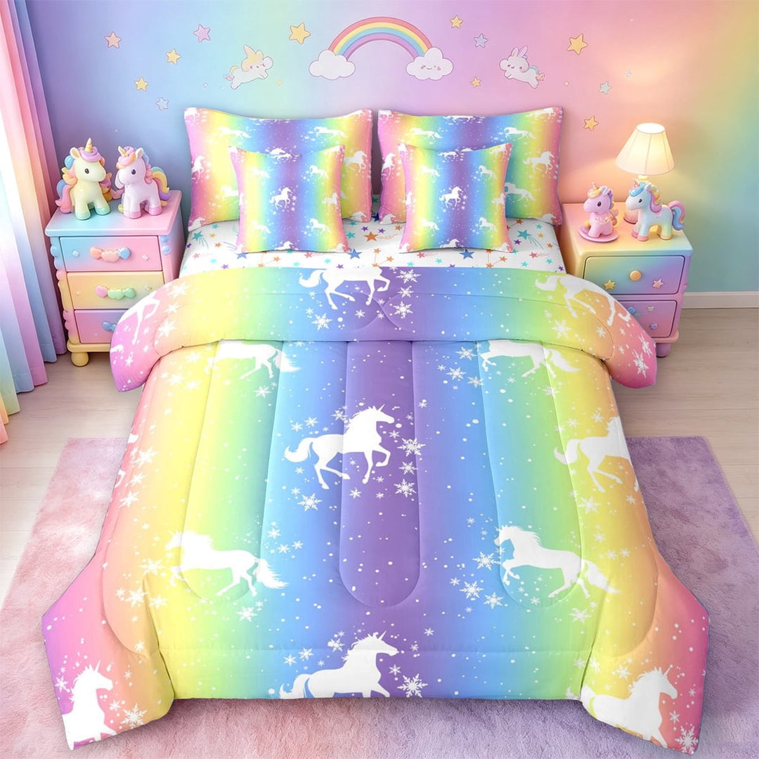 meiyoeat Magic Unicorn Silhouette 7 Pieces Full Size Bedding Sets For Kids,Multicolor Gradient Lines Art Full Size Bed in a Bag For Girls,Colorful Stars Reversible