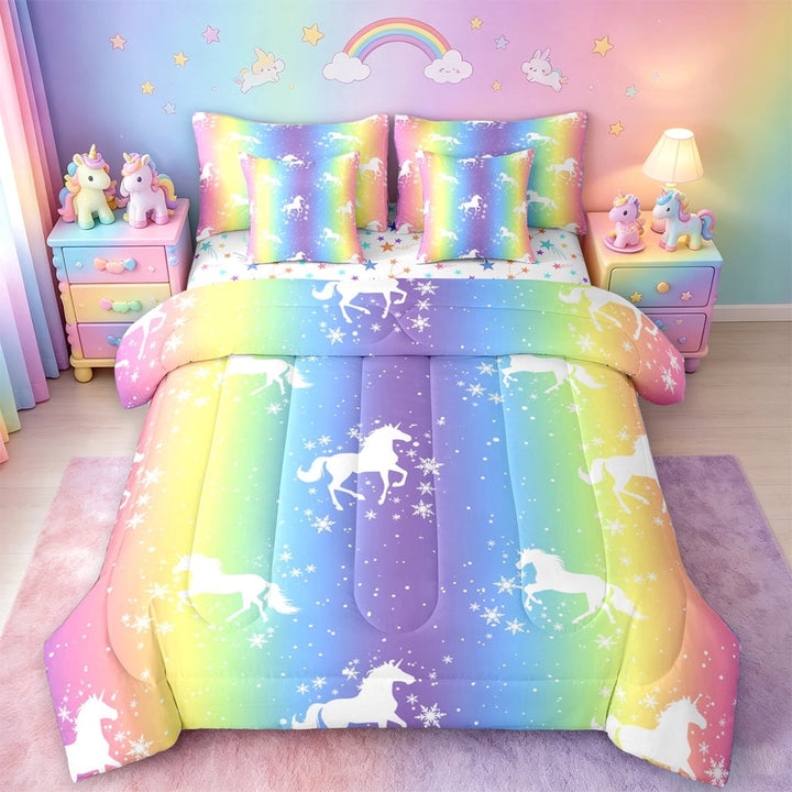meiyoeat Magic Unicorn Silhouette 7 Pieces Full Size Bedding Sets For Kids,Multicolor Gradient Lines Art Full Size Bed in a Bag For Girls,Colorful Stars Reversible