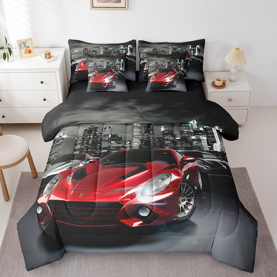 Erosebridal Race Car Bedding Set Twin Size Teens Red Black Sports Car Bed In A Bag 7 Piece Extreme Racing Sports Bed Comforter Set Night Cityscape Sheet Set With Comforter