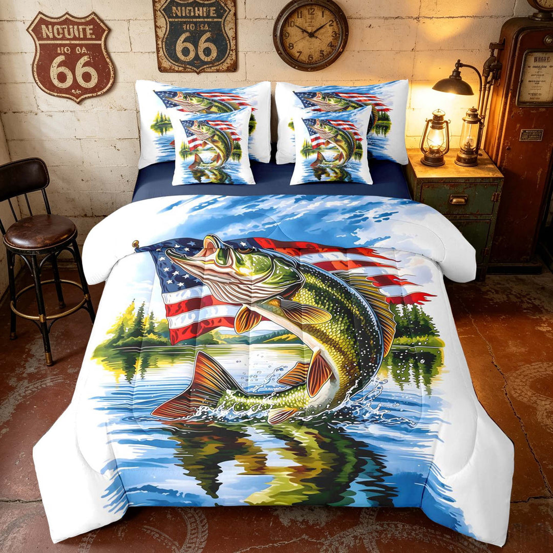 Manfei Vintage Bass Fish Full Size Bedding Sets, Patriotic USA Flag Full Size Bed in a Bag, Green Red Blue Lake House Decor, Navy Reversible 7 Pieces