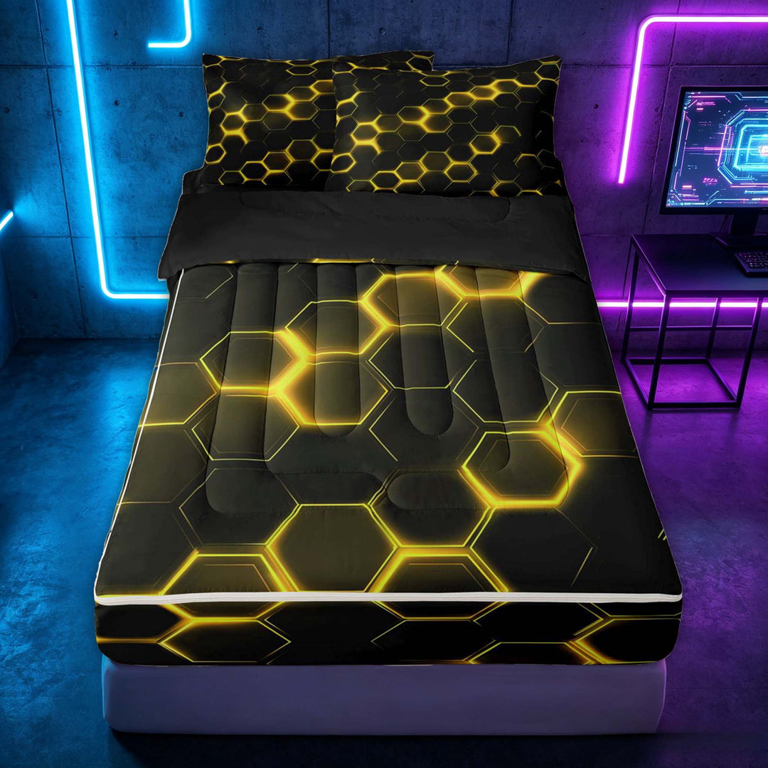 meiyoeat Neon Honeycomb Pattern Zipper Full Size Comforter Sets with Fitted Sheet and 2 Pillowcases for Boys Girls, Geometric Hexagon Zipper Bedding Set, Yellow, Black Reversible