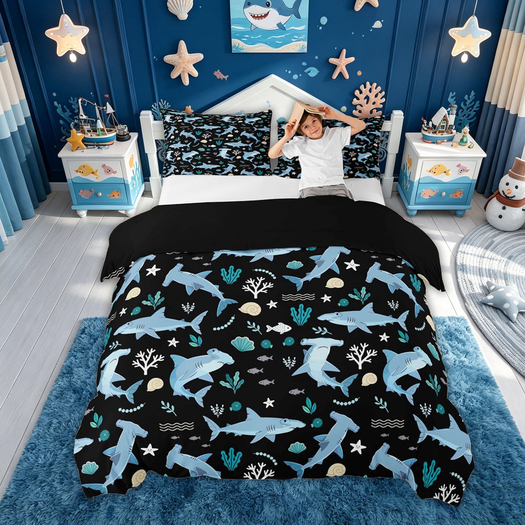 meiyoeat Cartoon Shark Bedding for Kids Boys, Seaweed Ocean Animals Duvet Cover Full for Bedroom, Black Blue, Black Reversible, 3pcs