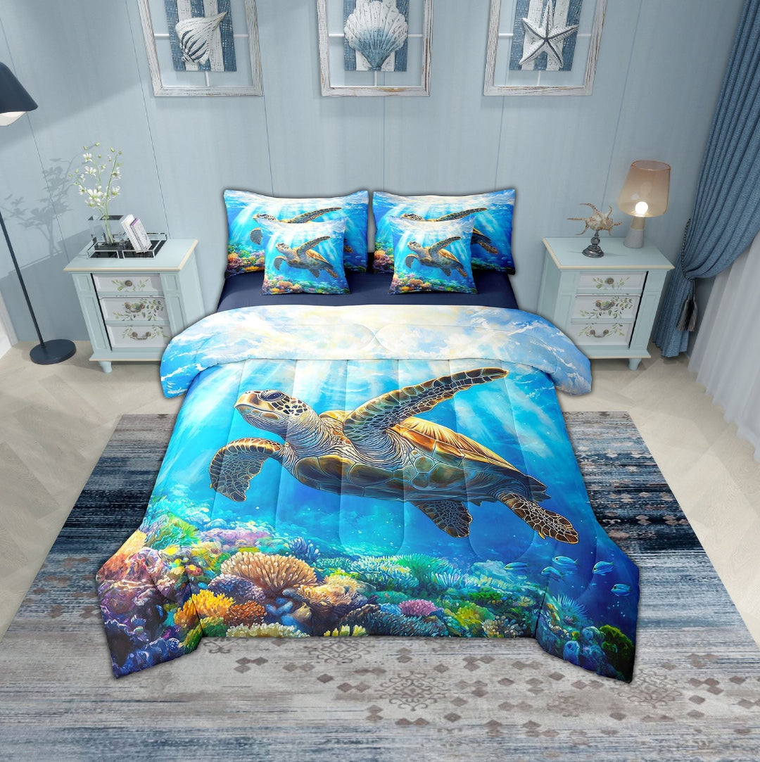 Erosebridal 3D Sea Turtle Bed in a Bag Twin size, Underwater World Bed Set, Marine Coral Reversible Bedding Twin Size, Super Cozy Room Decor, 7 Pieces