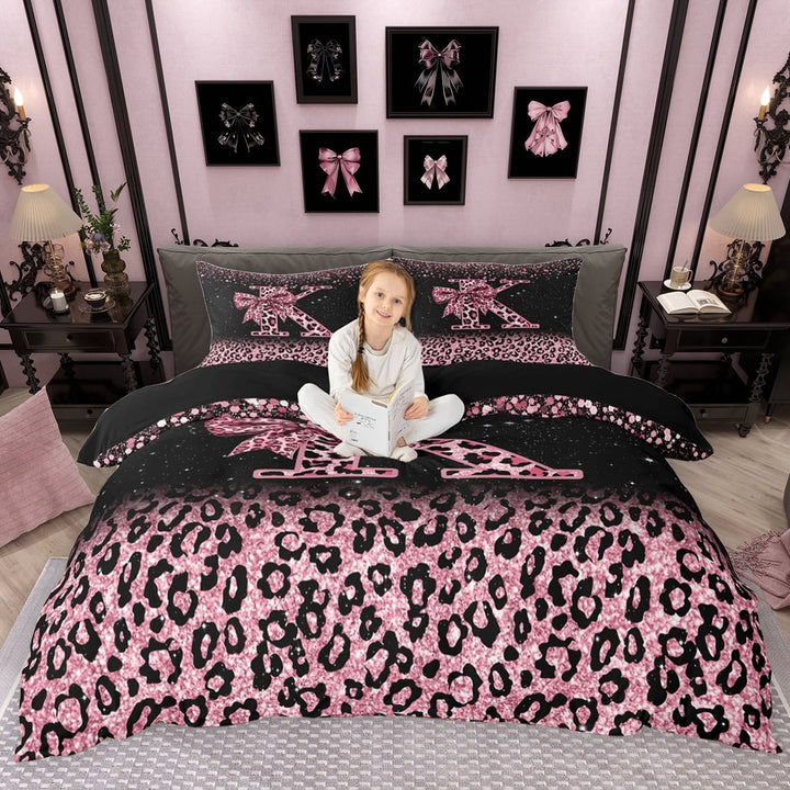 Erosebridal Cute Pink Leopard Print Duvet Cover Set for Girls, Bowknot Letter K Bedding Full, Black Reversible 3 Pieces, 1 Duvet Cover and 2 Pillowcases (No Comforter)