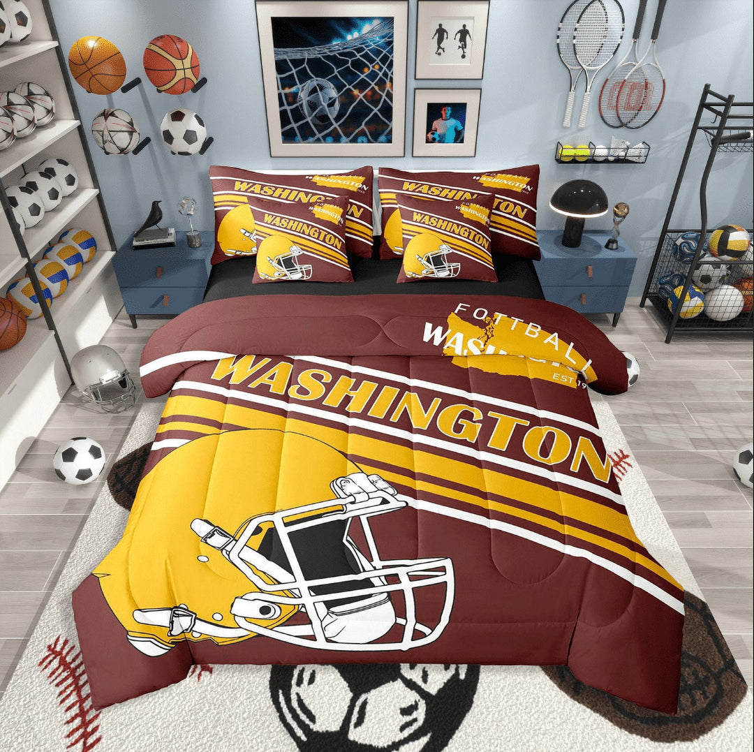 Erosebridal Ball Game Football Bedding Sets Twin Size,Brown Golden Comforter Sets with Sheets,Sport Theme Decor(Washington),Reversible,Breathable,7pcs