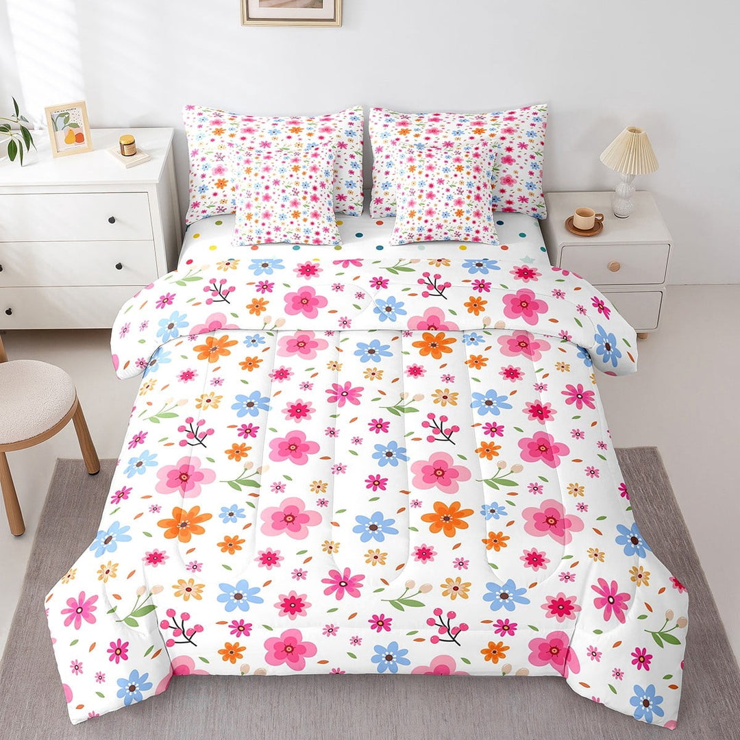 7 Pieces Pink Floral Twin Size Comforter Set Blue Orange Flower Bedding Comforter Sets, Girly Dreamy Bedding Set Colorful Polka Dots Reversible Bed in a Bag, Botanical Plants Bedding Sets
