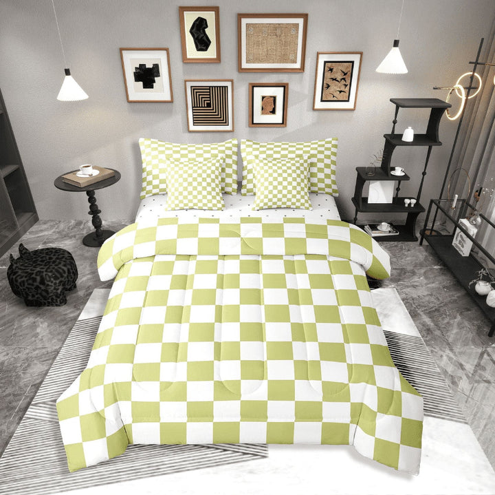 Erosebridal Plaid Square Bedding Sets Twin Size,Geometric Buffalo Comforter Sets with Sheets,Checkered Decor,Breathable,7-Piece
