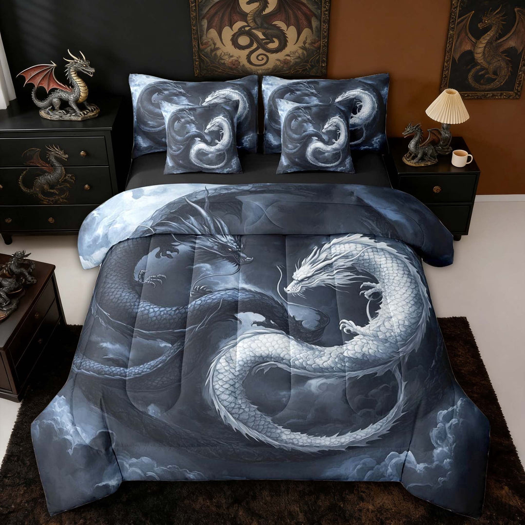 Erosebridal Yin Yang Chinese Dragon Bedding Comforter Set for Men and Women, Black White Mystical Full Bedding Set, Black Reversible, 7 Pieces