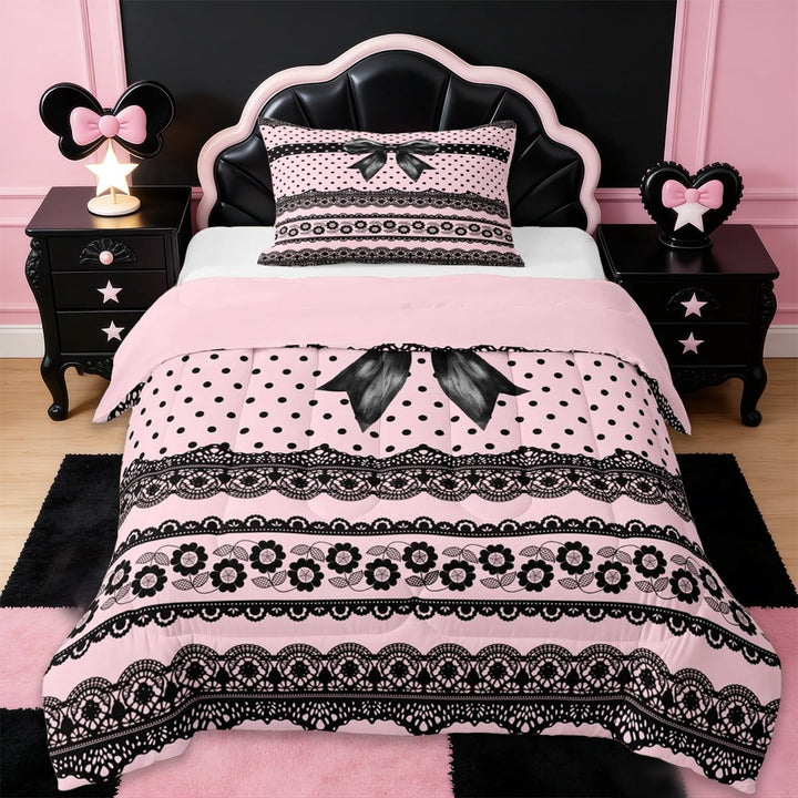 Erosebridal Black Bowtie Twin Comforter Sets,Retro Floral Abstract Geometric Dots Bedding Set For Kids Girls,Pink Reversible,2 Pieces
