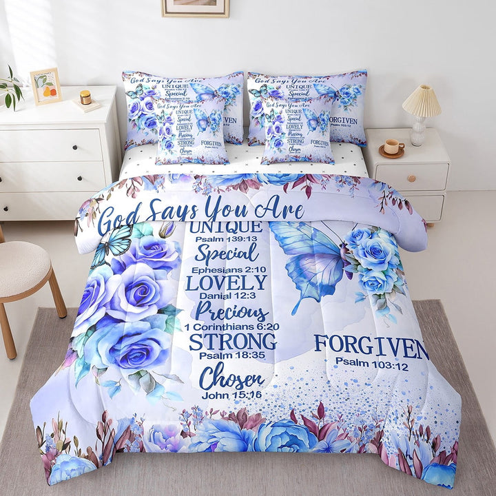 Erosebridal Blue Butterfly Bedding Sets Twin Size, Inspirational Quotes Comforter Sets with Sheets, Rose Floral Decor, 7pcs
