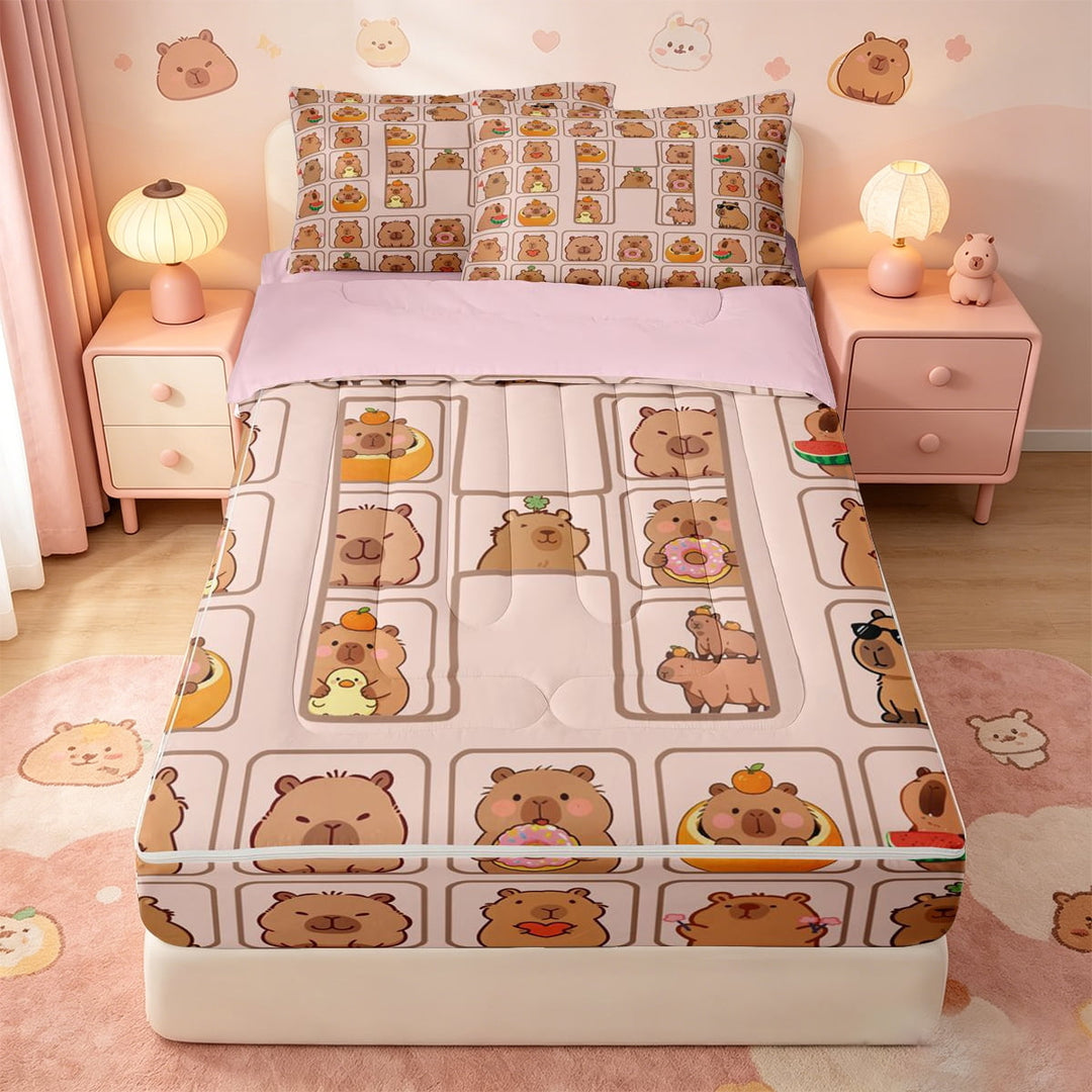 meiyoeat Cute Capybara Zipper Full Size Comforter Sets with Fitted Sheet and 2 Pillowcases,Kawaii Alphabet Print Zipper Bedding Set,Pink Reversible,4 Pieces