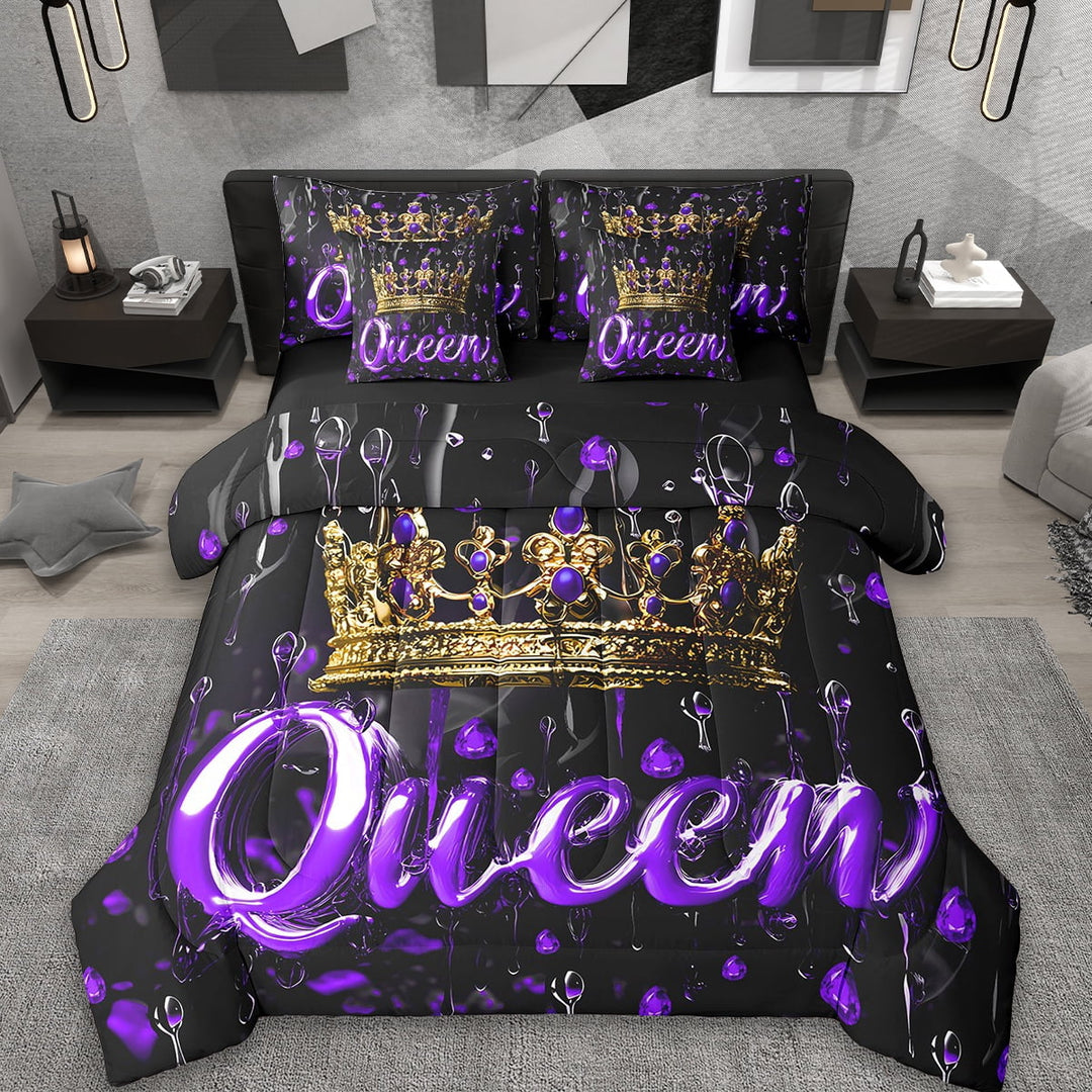 Erosebridal Queen Crown Bed in a Bag Queen Size,Bohemian Baroque Bed in a Bag Queen Size,Purple Gold Black Bedding Queen Size For Youth,Breathable Bedroom Decor Reversible,7pcs