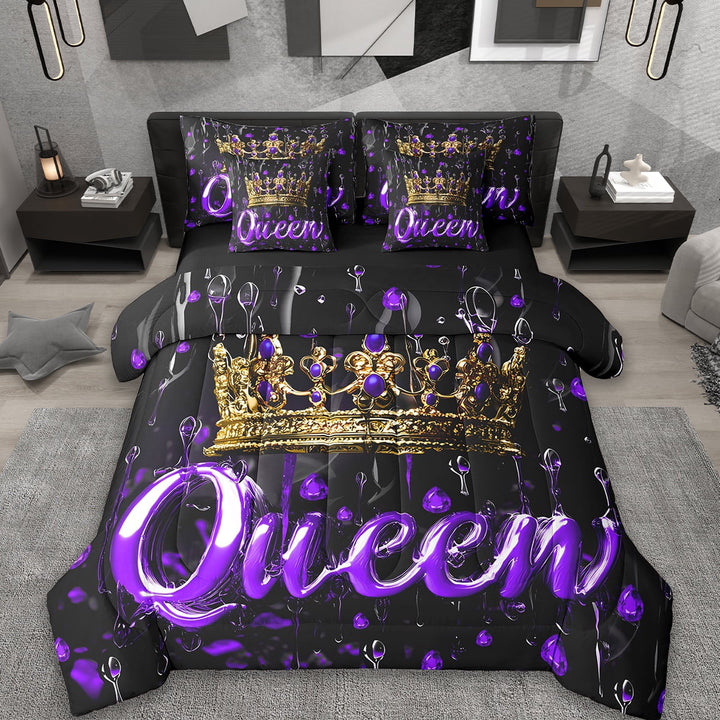 Erosebridal Queen Crown Bed in a Bag Queen Size,Bohemian Baroque Bed in a Bag Queen Size,Purple Gold Black Bedding Queen Size For Youth,Breathable Bedroom Decor Reversible,7pcs