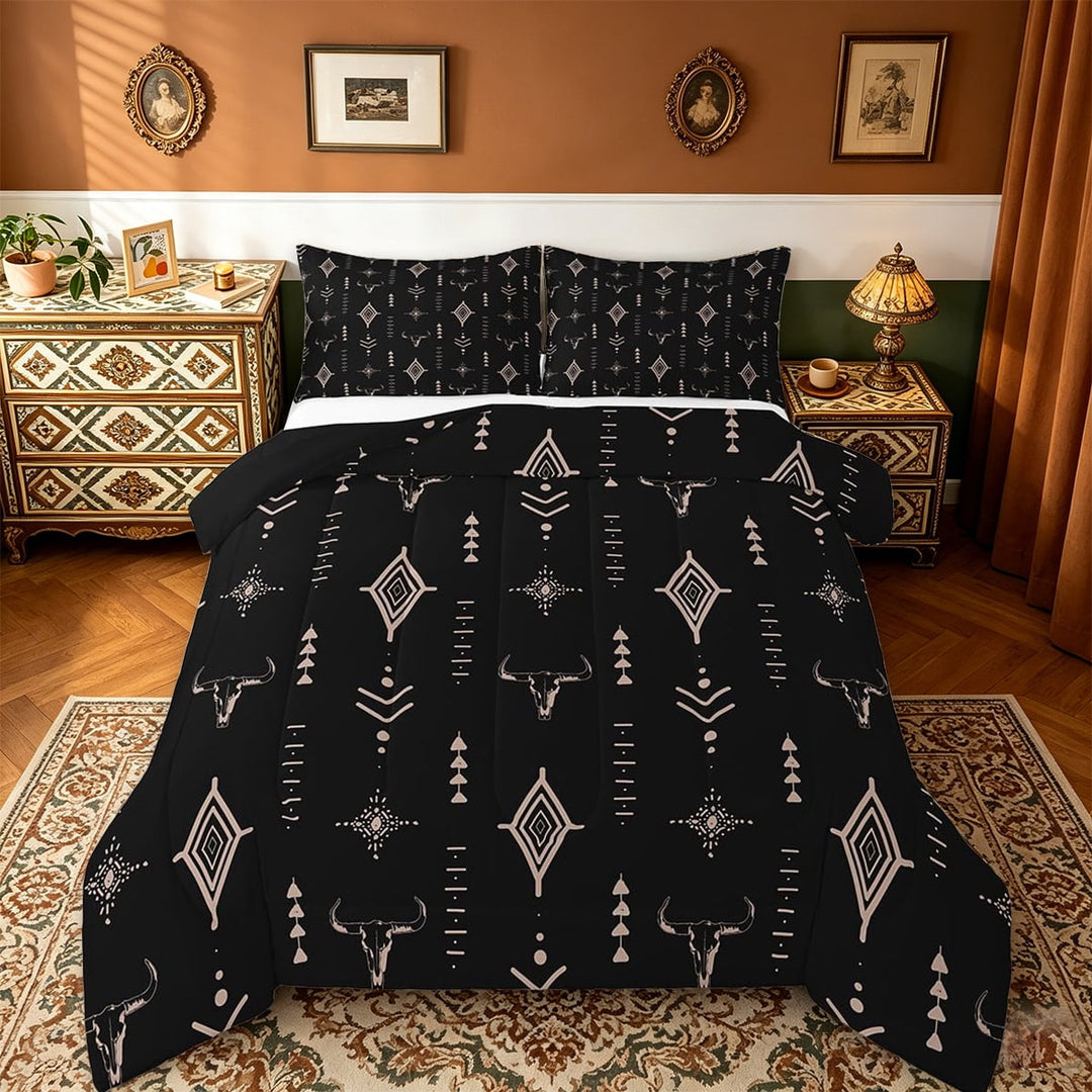 Manfei Rustic Western Full Size Comforter Sets Kids,Western Tribal Bull Skull Bedding Sets Black Brown Boho Ethnic Aztec Cow Pattern Reversible 3 Pieces