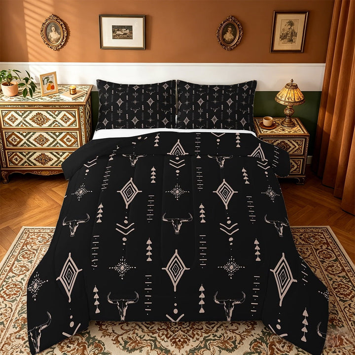 Manfei Rustic Western Full Size Comforter Sets Kids,Western Tribal Bull Skull Bedding Sets Black Brown Boho Ethnic Aztec Cow Pattern Reversible 3 Pieces