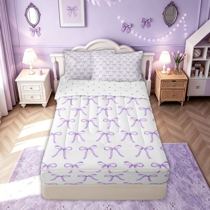 meiyoeat Dreamy Purple Bow Zipper Twin Comforter Sets with Fitted Sheet and 2 Pillowcases for Women Girls, Kawaii Princess Style Zipper Bedding Set, Reversible, 4pcs