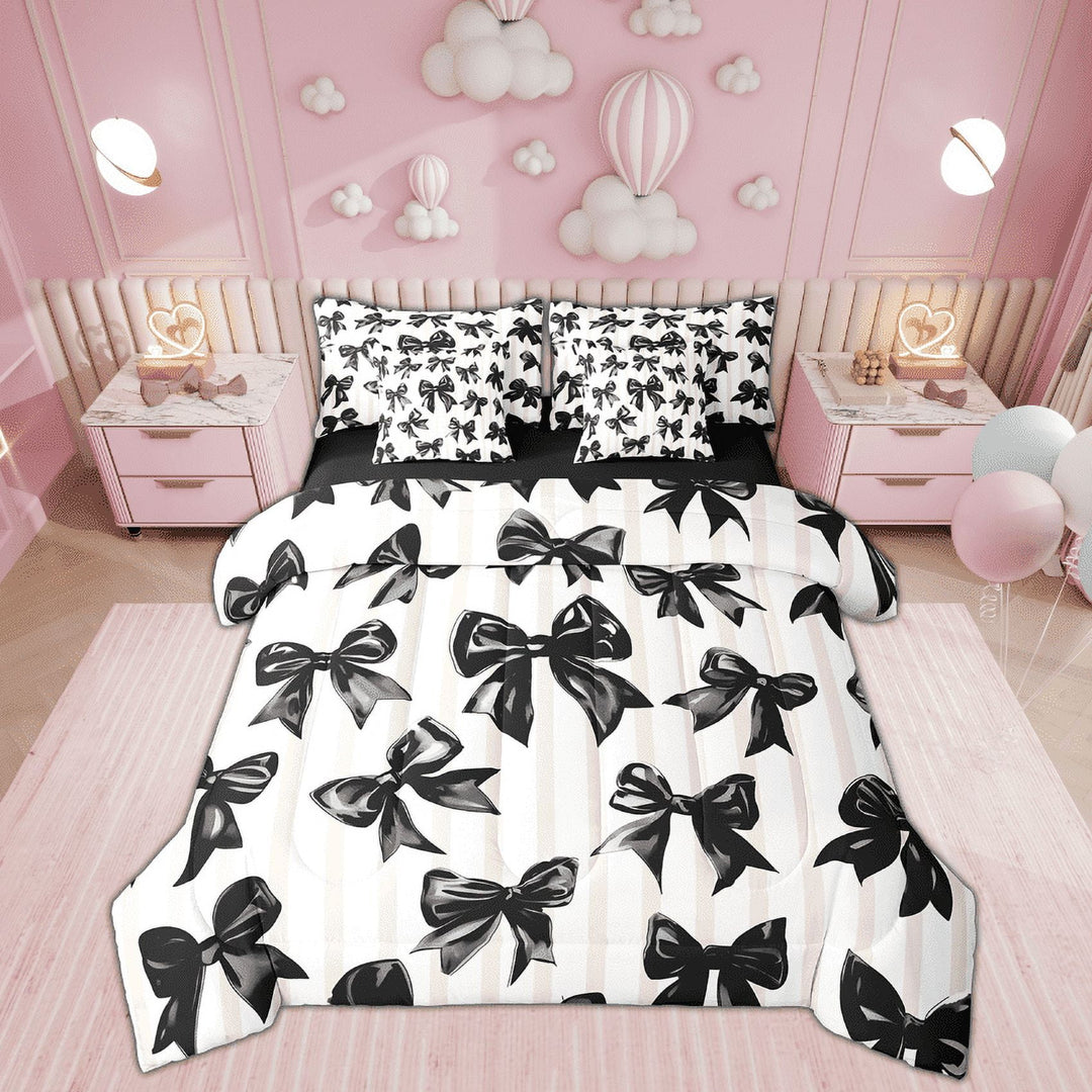 Erosebridal Black Bowknot Bed in a Bag Twin size, Geometric Stripe Quilted Comforter, Bow-Tie Room Decor, Lightweight 7pcs