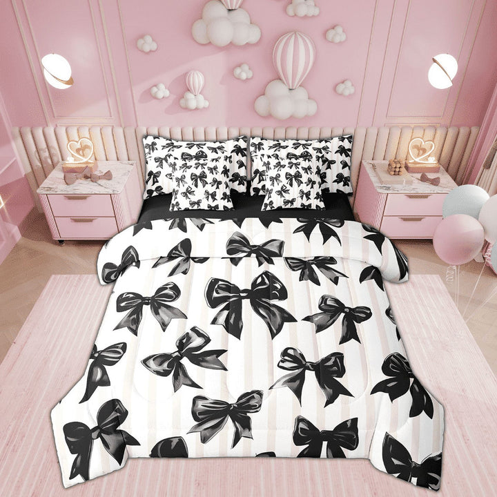 Erosebridal Black Bowknot Bed in a Bag Twin size, Geometric Stripe Quilted Comforter, Bow-Tie Room Decor, Lightweight 7pcs