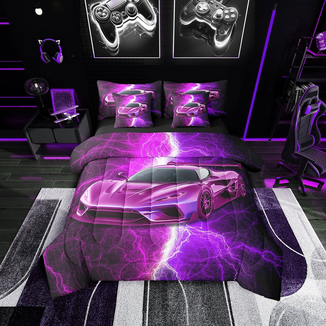 Erosebridal Purple Sports Car Bedding Full Size 7pcs, Lightning Printed Comforter Sets with Sheets, Reversible
