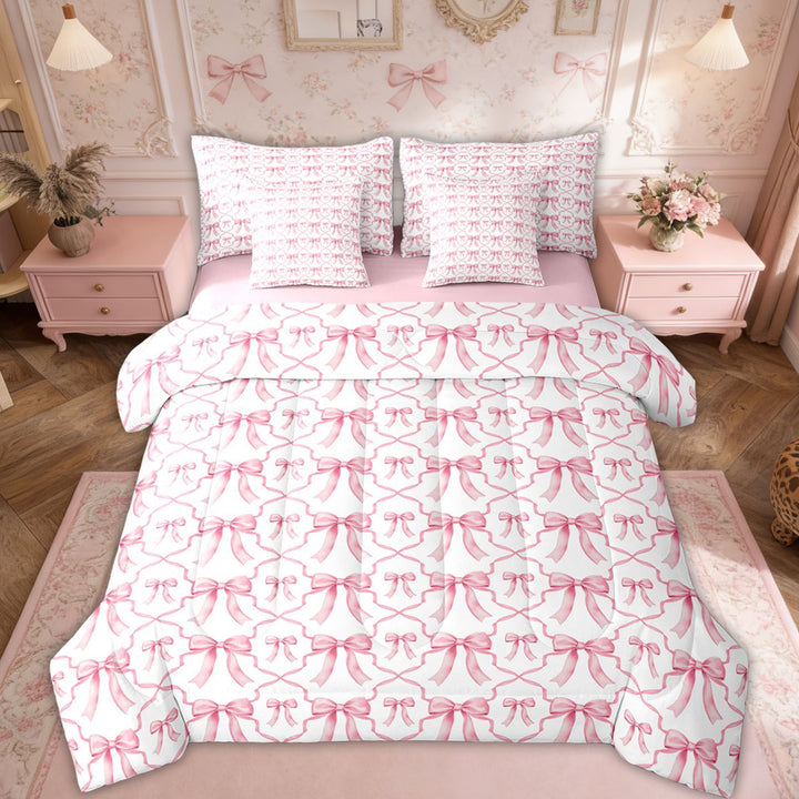 Erosebridal Cute Bow Queen Comforter Set Pink Girls Bowknot Bed In A Bag With Sheets Watercolor Bow Tie Patchwork Pink White Bedding Set 7 Pieces Geometric Check Bow Bed Set
