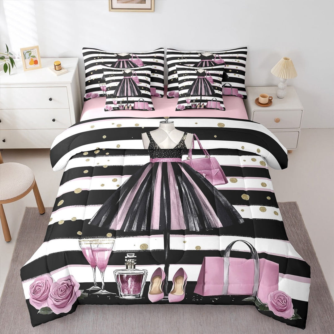 7 Piece Pink Girly Dress Bed in a Bag King Size Modern Women Black White Stripe Bedding Sets Romantic Makeup Themed Comforter Set with Sheets Golden Polka Dots Bed Set Perfume Print Sheets