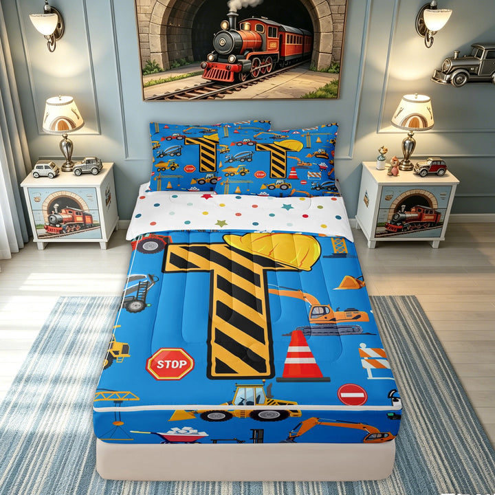 meiyoeat Construction T Initial Hard Hat Zipper Comforter Set with Fitted Sheet and 2 Pillowcases, Cartoon Truck Zipper Bedding Set for Boys Girls, Blue, Polkadot Reversible, 3 Pieces