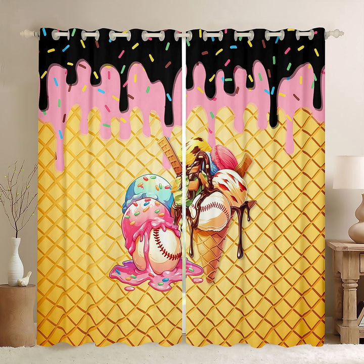 Erosebridal Black &amp; Pink Dripping Waffle Baseball Ice Cream Sundae Graphic Curtains Pack of 2 (42x84 Each), Dessert Graphic Curtains Blackout for Boys And Girls Kids,Ultra Soft Home Decor