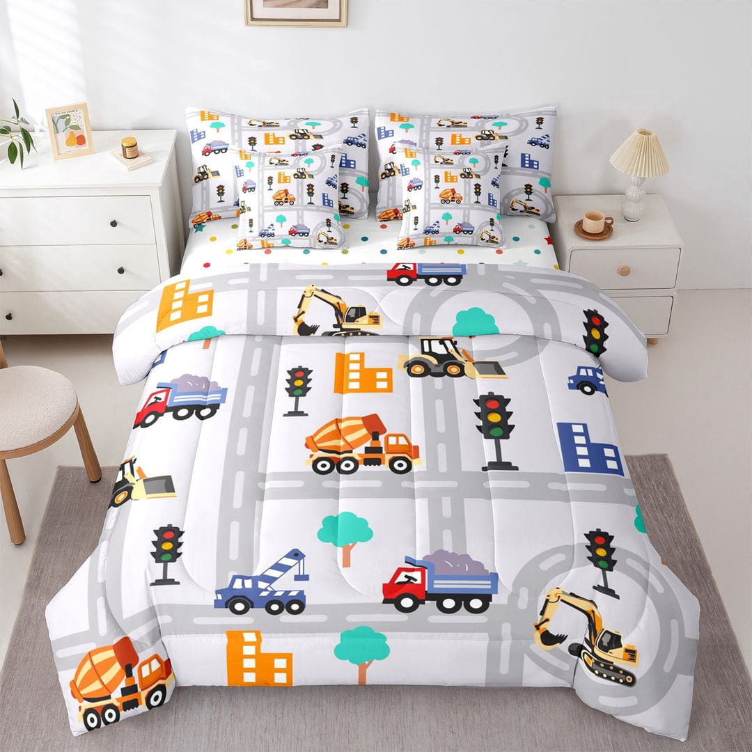 Manfei Cartoon Car 7 Pieces Full Size Bedding Sets,Boys City Map Full Size Bed in a Bag,Gray,Polkadot Reversible