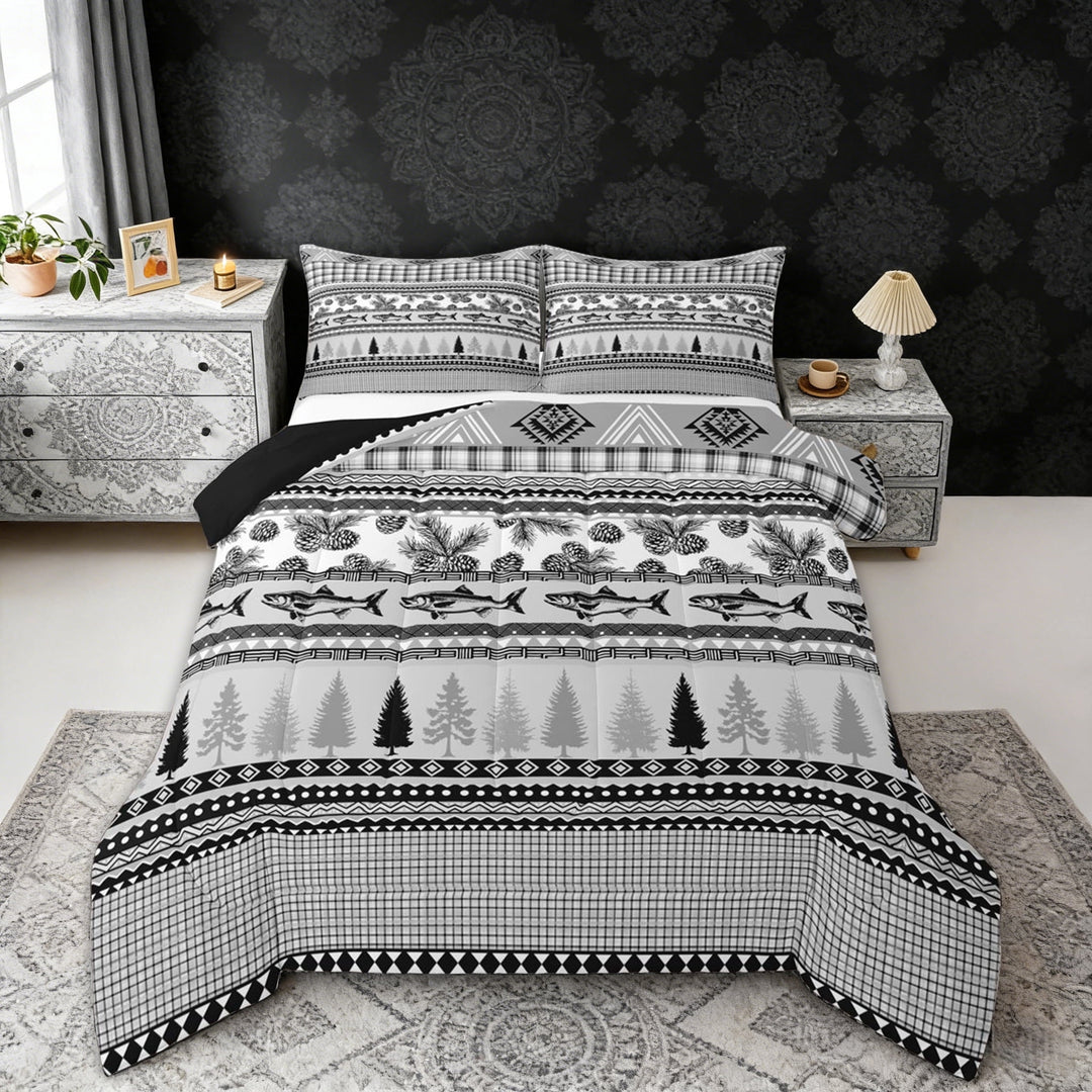 Erosebridal Pike Fish Aztec Full Size Comforter Sets, Gray Rustic Lake House Farmhouse Bedding Sets, Black Reversible 3-Piece, 1 Comforter and 2 Pillowcases