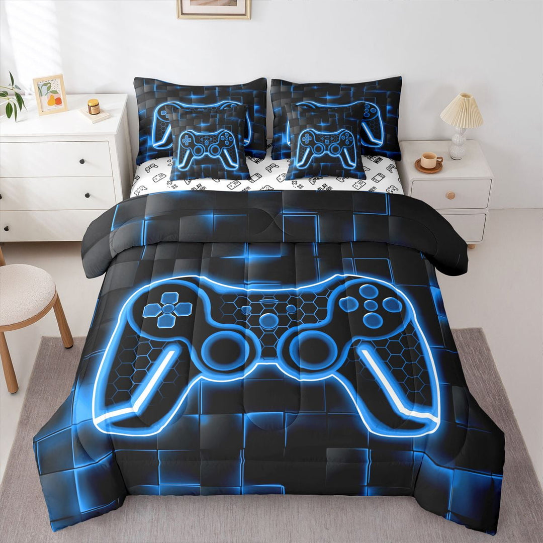 Erosebridal Gamer Bed in a Bag Set with Sheets Twin Size 7 Piece Blue and Black Bedding Set Teens Decor Honeycomb Gaming Ombre Bed in a Bag Geometric Square Bed Set