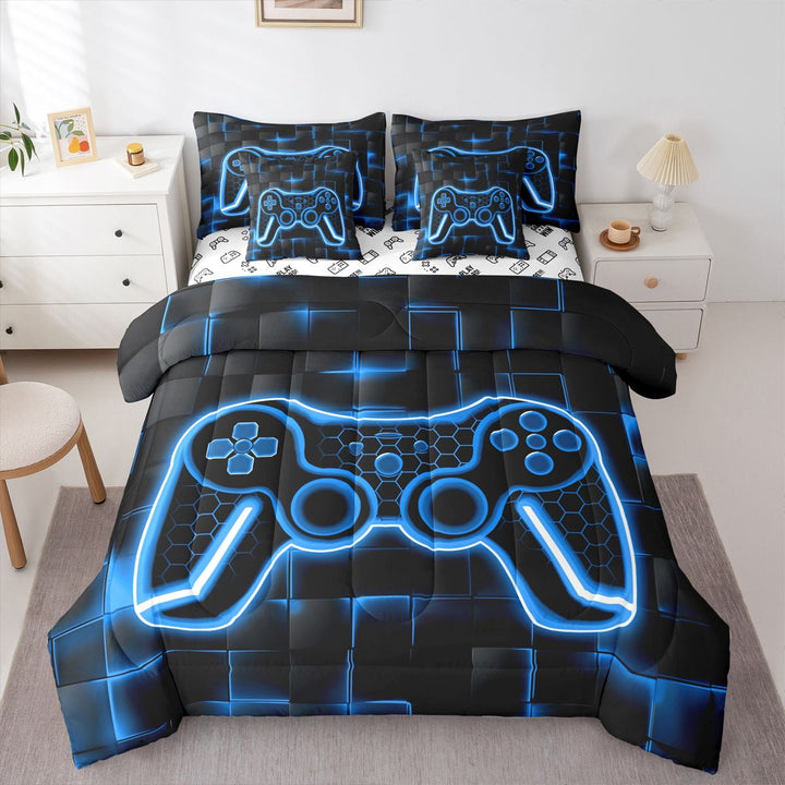 Erosebridal Gamer Bed in a Bag Set with Sheets Twin Size 7 Piece Blue and Black Bedding Set Teens Decor Honeycomb Gaming Ombre Bed in a Bag Geometric Square Bed Set