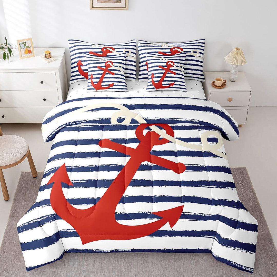 Nautical Anchor Comforter Set King 7 Piece Red White and Navy Blue Striped Bed in a Bag Sail Boat Room Decor,Marine Sailboat Bedding Set with 2 Sheets,2 Pillowcases,2 Throw Pillow Covers