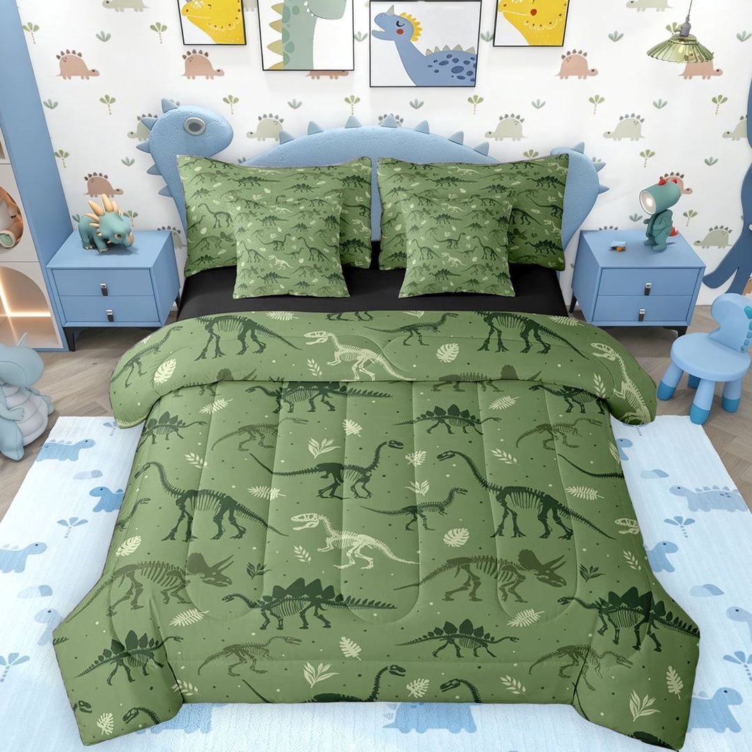 Erosebridal Kids Boys Dinosaur Twin Bedding Sets, Green Dino Animal Bedding Comforter Set, Black Reversible, 7-Piece