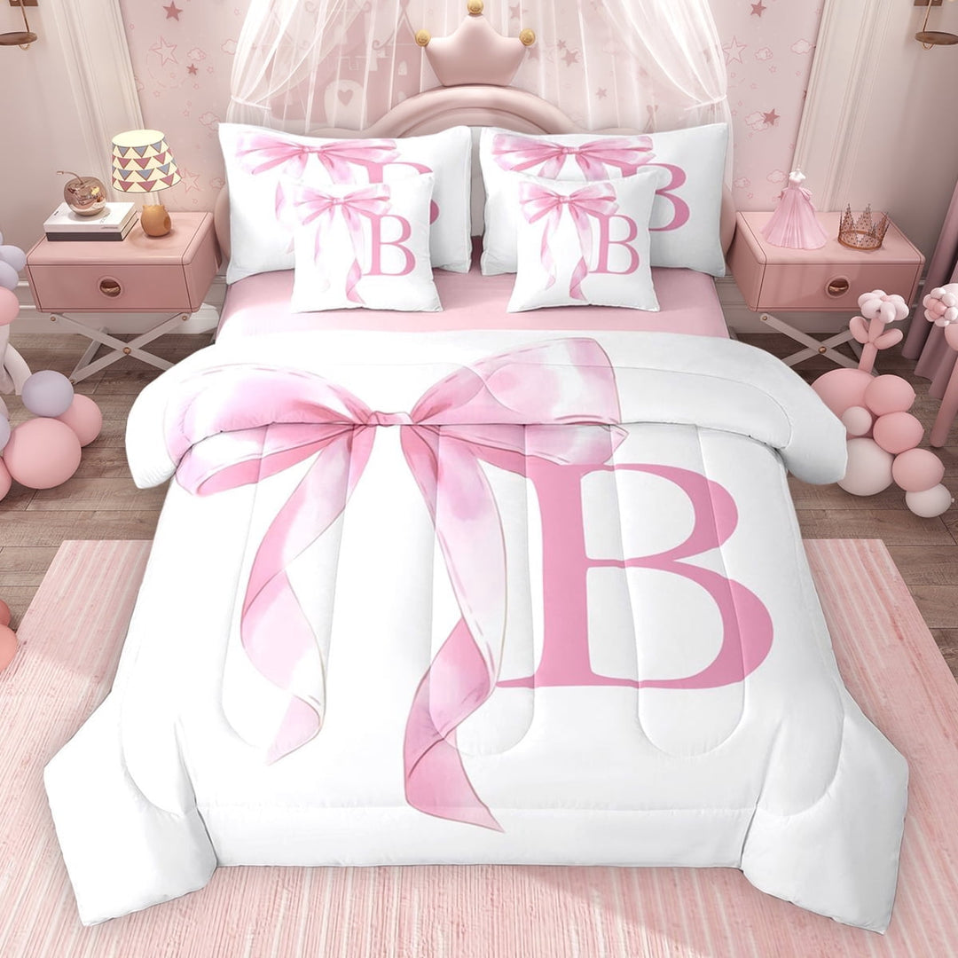 Erosebridal Girls Pink Bow Twin Bedding Sets, B Letter Bedding Comforter Set, Princess Style Bedroom Decor, Pink Reversible 7 Pieces